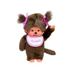 Bandai - Peluche Monchhichi - Kiki Fille Avec Bavoir Rose Et Blanc - 20 Cm